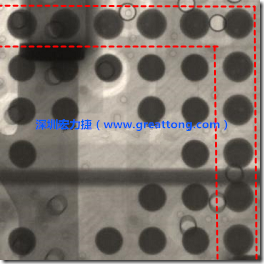 BGA錫球尺寸小于0.4mm，采用降低BGA內(nèi)圍襲球的錫膏量所得到X-Ray，稍微留意一下可以發(fā)現(xiàn)最外圈的錫量(圓的直徑)比其他內(nèi)圍的錫球上的錫量來得多一點(diǎn)點(diǎn)。也就是外圈的黑色圓形直徑比內(nèi)圈的圓形來得大一點(diǎn)點(diǎn)。