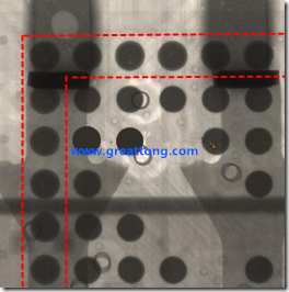 BGA錫球尺寸小于0.4mm，采用降低BGA內(nèi)圍襲球的錫膏量所得到X-Ray，稍微留意一下可以發(fā)現(xiàn)最外圈的錫量(圓的直徑)比其他內(nèi)圍的錫球上的錫量來得多一點(diǎn)點(diǎn)。也就是外圈的黑色圓形直徑比內(nèi)圈的圓形來得大一點(diǎn)點(diǎn)。