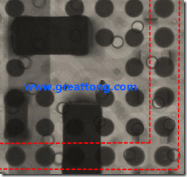 BGA錫球尺寸小于0.4mm，采用降低BGA內(nèi)圍襲球的錫膏量所得到X-Ray，稍微留意一下可以發(fā)現(xiàn)最外圈的錫量(圓的直徑)比其他內(nèi)圍的錫球上的錫量來得多一點(diǎn)點(diǎn)。也就是外圈的黑色圓形直徑比內(nèi)圈的圓形來得大一點(diǎn)點(diǎn)。