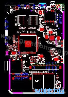 上圖是一個(gè)開(kāi)發(fā)板的PCB，從布局中可以看出各個(gè)接口電路分離很明確，SDRAM和DDR以及SD卡接口電路等走線不會(huì)造成相互的干擾。-深圳宏力捷