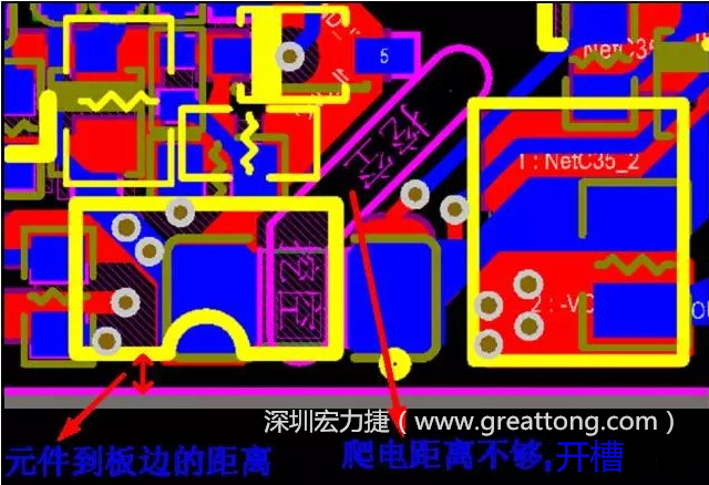 如果碰到模塊PCB空間有限，爬電距離不夠，可以采用開(kāi)槽的方式