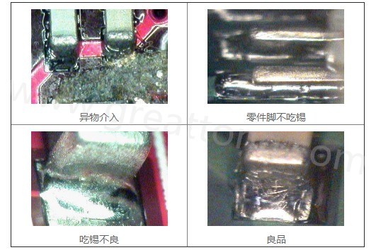 300X顯微鏡主要檢測這些PCBA加工問題：異物介入、零件腳不吃錫、 吃錫不良。