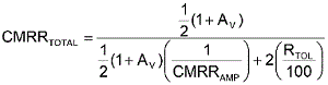 方程式1是從理想運算放大器的CMRR等式中匯出，其中CMRRAMP被假定為非常大(無窮大)。