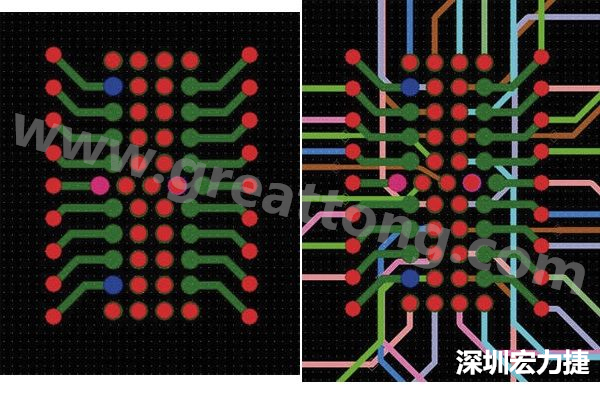 圖7：焊盤內(nèi)過孔用于內(nèi)部，而外部接腳在0.5mm閘格上扇出。圖7a顯示的是頂層(左)；圖7b顯示頂層和內(nèi)部布線層(右)。