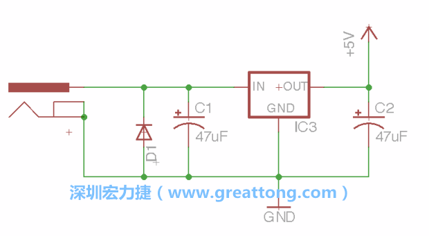 新增RBBB→Power_Jack，將它放在電壓調(diào)整器的輸入端旁邊。