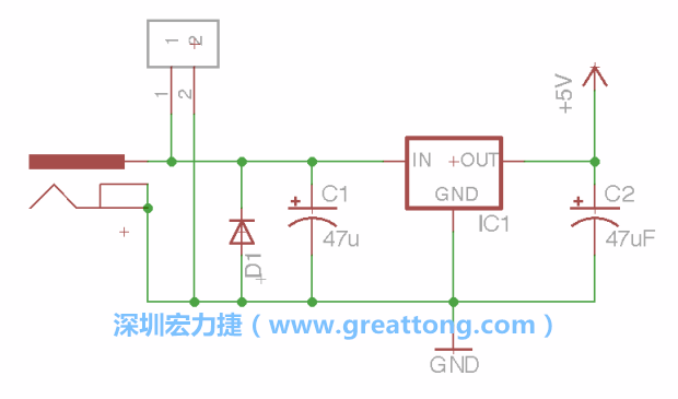 2.5.    新增一個二極體，它會以水平的狀態(tài)出現(xiàn)在屏幕上，請使用「旋轉(zhuǎn)（Rotate）」工具把它負(fù)極那一面朝上，并且用「網(wǎng)絡(luò)連接」工具將它連接在電壓調(diào)整器的輸入端和接地端之間。