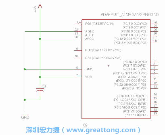 3.1.    新增微控制器晶片（RBBB → ATmega），把它放在電路原理圖的中央附近，把它的兩個接地接頭連接到接地訊號端。