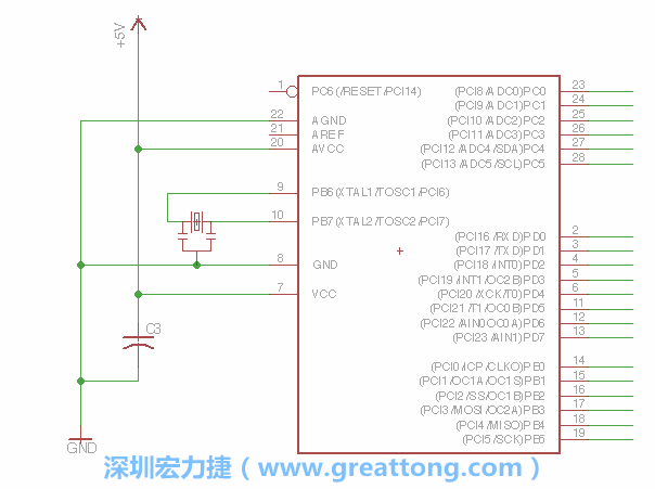 3.2.    在靠近ATmega的電源供應(yīng)針腳7的位置放置一個0.1μF的電容，將它分別連接電源、接地端和針腳7。