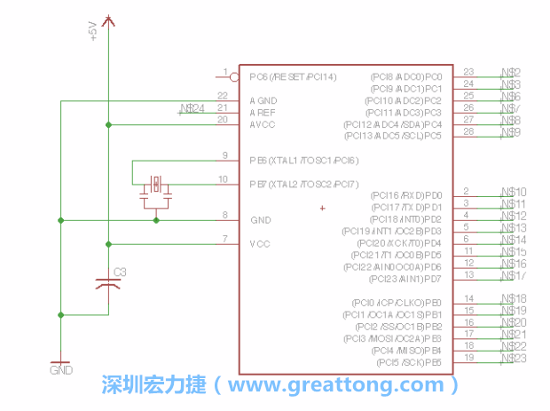 3.3.    將共鳴器（resonator）放置在針腳9和針腳10附近，將它的三個針腳連接如圖所示，并確認最中間的針腳有連到接地端。