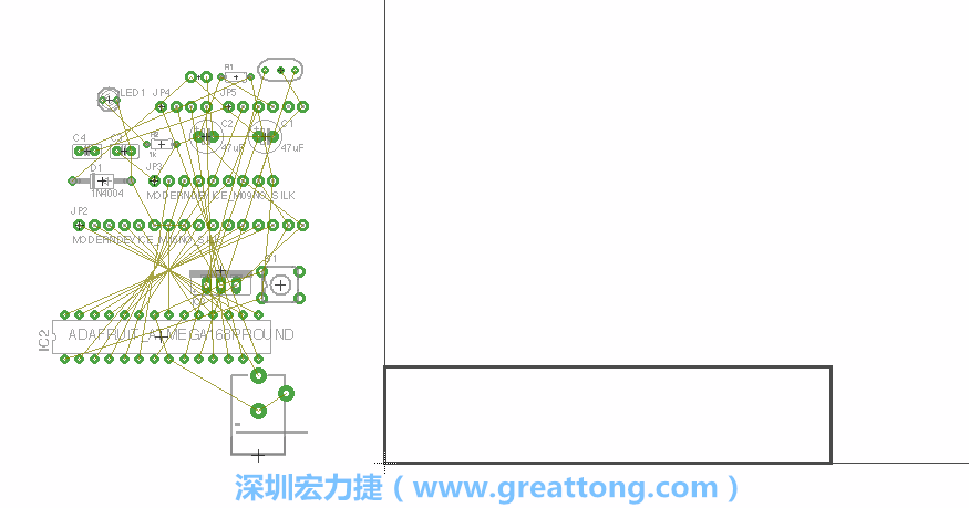 第一次執(zhí)行布線編輯器時(shí)，你會(huì)發(fā)現(xiàn)有兩個(gè)區(qū)塊，左邊的區(qū)塊非?；靵y，而右邊的區(qū)塊則是一個(gè)長(zhǎng)方形的工作區(qū)域，EAGLE免費(fèi)版會(huì)限制你的工作區(qū)域在4” x 3.2”的范圍內(nèi)，如果你試圖將元件擺放在工作區(qū)外的話，就會(huì)跳出警示訊息。