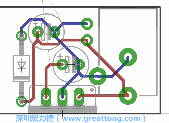 接地連結(jié)點(diǎn)的布線情形如下圖所示，利用這個(gè)練習(xí)來避免電路連線銳角化的產(chǎn)生是一個(gè)不錯(cuò)的選擇，你可以在工具列中的彎曲線路（Wire Bend）選項(xiàng)里改變各種布線的變化。