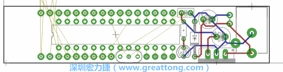 將ATmega微控制器、三個(gè)GPIO排針（JP2, JP3, JP4）和諧振器（resonator）排置如上圖所示。