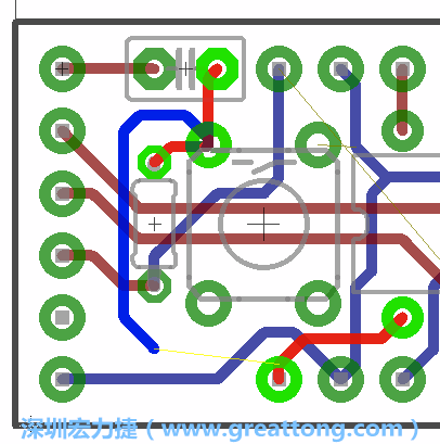 要在電路板正面進(jìn)行+5V信號(hào)線連結(jié)和其他連結(jié)點(diǎn)的布線工作是非常容易的，而重置信號(hào)線（信號(hào)線用來連結(jié)電路板正面左邊的重置開關(guān)）需要經(jīng)過一個(gè)可以通過電路板正反兩面的電路通道，這個(gè)通道是一個(gè)可以讓電路板正反兩面線路連接的一個(gè)小孔。