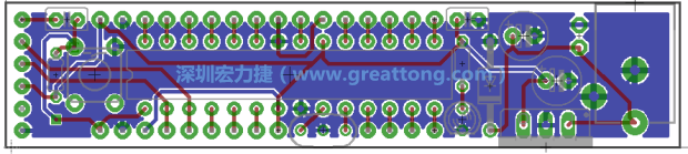 第二篇文章則帶領你進行電路板上的布線、連結(jié)點的配置，并利用「設計規(guī)則檢查（Design Rule Check）」測試你的設計，第二篇文章的電路板設計圖將如下所示：