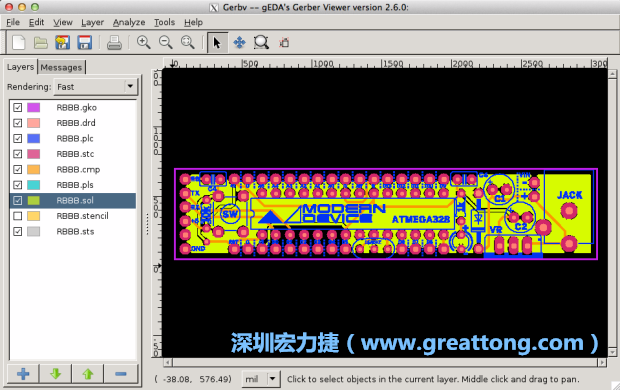 將圖層匯入你的Gerber預覽工具內(nèi)（下圖為Gerbv），我通常會從上到下重新排列它們的順序，好讓我比較好校對：