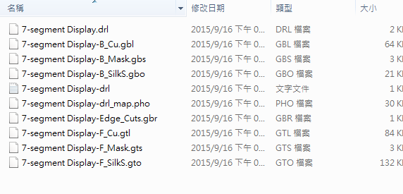 所謂Gerber檔，其實(shí)是包含一群檔案 (如下圖所示)，如包含正反面銅箔層 F.Cu B.Cu.，正反面文字面 F.Silkscreen ，B.Silkscreen，防焊層 SolderMask、板邊裁切Edge.Cuts 等。