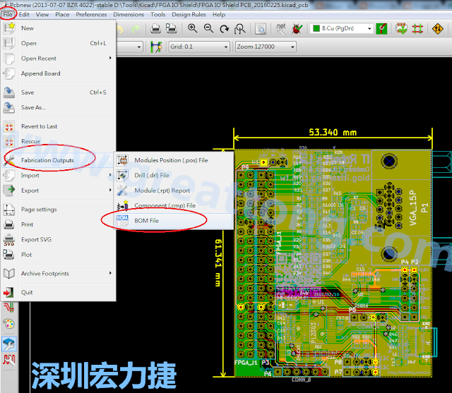 在Kicad的PCB Editor, 點(diǎn)選 File->Fabrication Outputs->BOM File, 即可產(chǎn)生一個 .csv 的Excel 檔案。