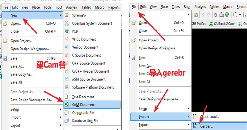 在File下新建 Cam檔，建后再File下導(dǎo)入Gerber文件，選擇所有文件導(dǎo)入gerber。