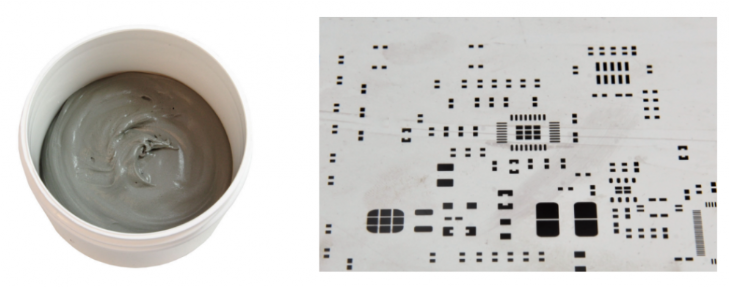 焊膏（左），PCB模板激光切割孔（右）